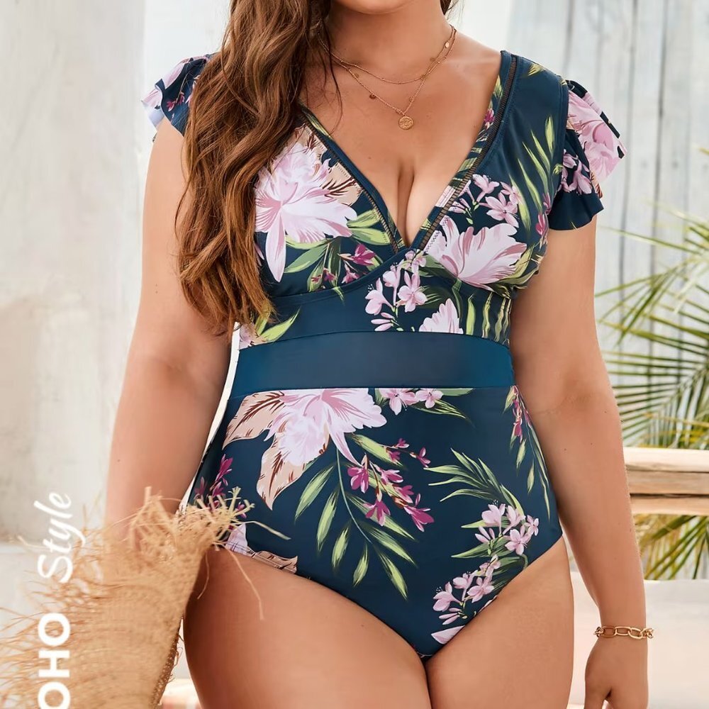 Cupshe Floral One Piece Swimsuit - Navy and Pink